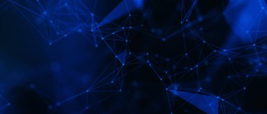 Soyut fütüristik, koyu mavi arka planda çokgen şekilli teknoloji. Dijital teknoloji konsepti tasarla. 3d illüstrasyon