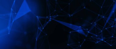 Soyut fütüristik, koyu mavi arka planda çokgen şekilli teknoloji. Dijital teknoloji konsepti tasarla. 3d illüstrasyon