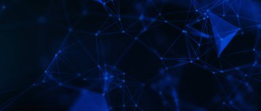 Soyut fütüristik, koyu mavi arka planda çokgen şekilli teknoloji. Dijital teknoloji konsepti tasarla. 3d illüstrasyon