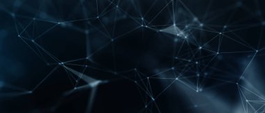 Soyut fütüristik, koyu mavi arka planda çokgen şekilli teknoloji. Dijital teknoloji konsepti tasarla. 3d illüstrasyon