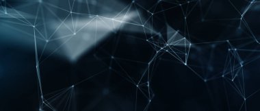 Soyut fütüristik, koyu mavi arka planda çokgen şekilli teknoloji. Dijital teknoloji konsepti tasarla. 3d illüstrasyon