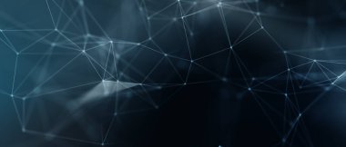 Soyut fütüristik, koyu mavi arka planda çokgen şekilli teknoloji. Dijital teknoloji konsepti tasarla. 3d illüstrasyon