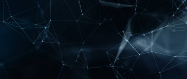 Soyut fütüristik, koyu mavi arka planda çokgen şekilli teknoloji. Dijital teknoloji konsepti tasarla. 3d illüstrasyon