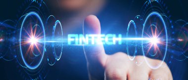 Fintech-Finansal Teknoloji Konsepti. Genç iş adamı sanal ekranda Fintech simgesini seçiyor..