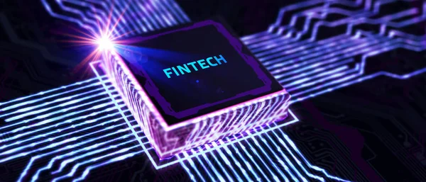 Fintech Financial Technology Conceptept Young 사업가는 디스플레이의 아이콘 Fintech — 스톡 사진