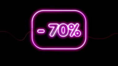 Büyük indirim% 70 'e varan tabela, neon animasyon siyah arkaplan.