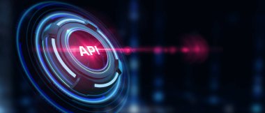 API - Uygulama Programı Arayüzü. Yazılım geliştirme aracı. İş, modern teknoloji, İnternet ve ağ kurma kavramı.
