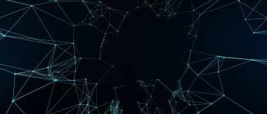 Soyut fütüristik, koyu mavi arka planda çokgen şekilli teknoloji. Dijital teknoloji konsepti tasarla. 3d illüstrasyon