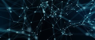 Soyut fütüristik, koyu mavi arka planda çokgen şekilli teknoloji. Dijital teknoloji konsepti tasarla. 3d illüstrasyon