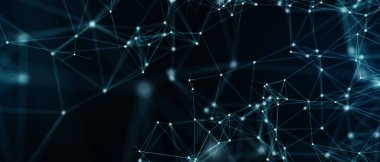 Soyut fütüristik, koyu mavi arka planda çokgen şekilli teknoloji. Dijital teknoloji konsepti tasarla. 3d illüstrasyon