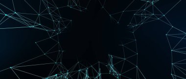 Soyut fütüristik, koyu mavi arka planda çokgen şekilli teknoloji. Dijital teknoloji konsepti tasarla. 3d illüstrasyon