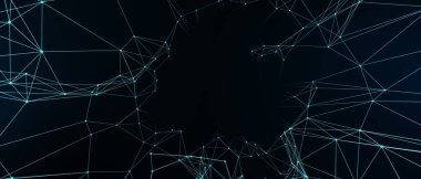 Soyut fütüristik, koyu mavi arka planda çokgen şekilli teknoloji. Dijital teknoloji konsepti tasarla. 3d illüstrasyon