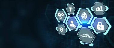 İş, teknoloji, internet ve ağ konsepti. Ofiste dizüstü bilgisayarı üzerinde çalışan genç işadamı, sanal ekrandaki ikon dolandırıcılığı önleme yöntemini seçin.