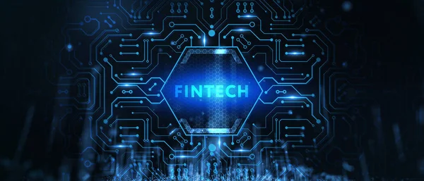 Fintech Financial Technology Conceptept Young 사업가는 디스플레이의 아이콘 Fintech — 스톡 사진