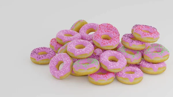 Donutlar Süslemeli Beyaz Arkaplana Serpiştirilmiş — Stok fotoğraf