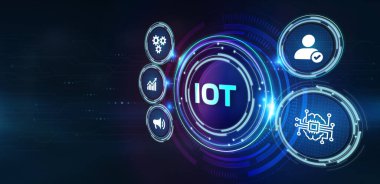 Nesnelerin interneti - IOT konsepti. İş adamı IOT ürünleri ve çözümler sunuyor. 