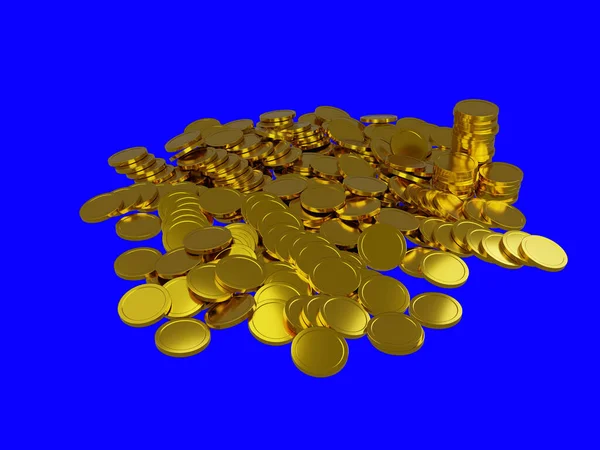 Pilhas Moedas Ouro Brilhantes Render Illustration Isolated Fundo Azul — Fotografia de Stock