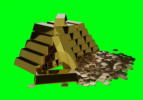 銀行の金庫室の金のバー 倉庫だ 3Dレンダリング図 金融概念 緑の背景に隔離された — ストック写真