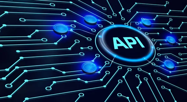 API - Uygulama Programı Arayüzü. Yazılım geliştirme aracı. İş, modern teknoloji, İnternet ve ağ kurma kavramı. 