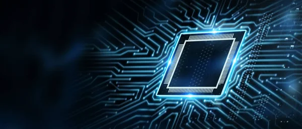 Üzleti Technológiai Internet Hálózati Koncepció Virtuális Képernyő Chip Ikonnal — Stock Fotó