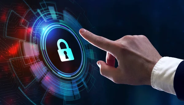 Koncepcja Prywatności Technologii Bezpieczeństwa Cybernetycznego Młody Biznesmen Wybierz Bezpieczeństwo Ikony — Zdjęcie stockowe