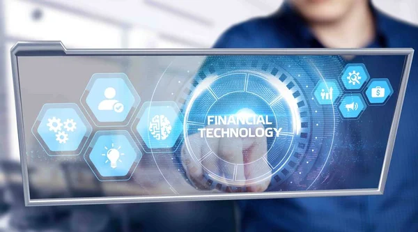 Concepto Fintech Tecnología Financiera Joven Hombre Negocios Seleccione Icono Fintech —  Fotos de Stock