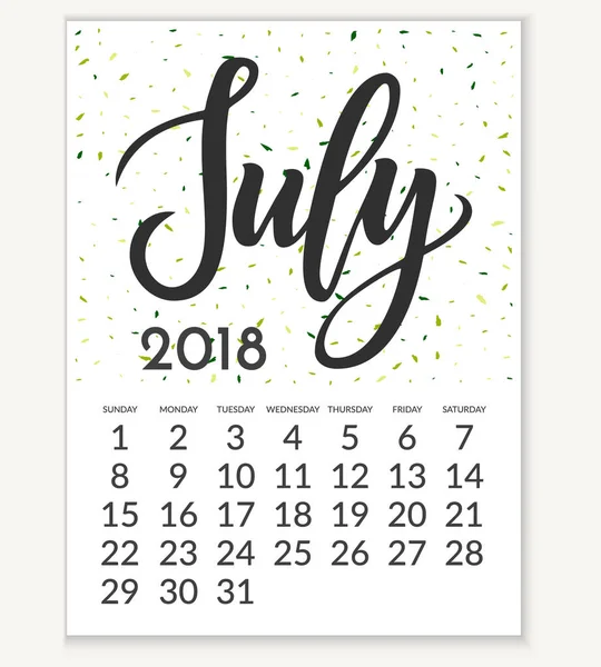 Calendário Para Julho 2018 Com Letras Semana Começa Domingo — Vetor de Stock