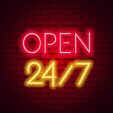 Neon işareti 24 7 tuğla duvar arka plan. Eps 10 vektör çizim