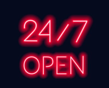 Neon işareti 24 7 tuğla duvar arka plan. Eps 10 vektör çizim