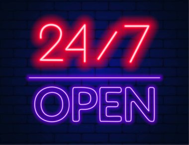 Neon işareti 24 7 tuğla duvar arka plan. Eps 10 vektör çizim