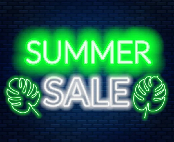 夏季销售霓虹在砖墙上刻字的背景 矢量插图 — 图库矢量图片