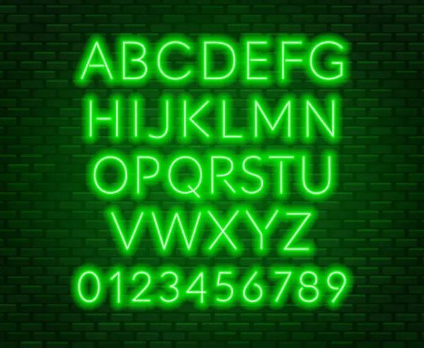 Neon Groene Alfabet Bakstenen Muur Achtergrond Hoofdletter Vectorillustratie — Stockvector