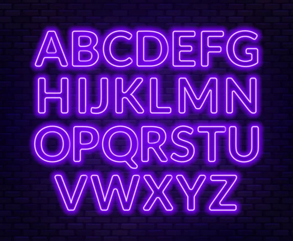レンガ壁の背景に紫ネオンのアルファベット 大文字 ベクトル図 — ストックベクタ