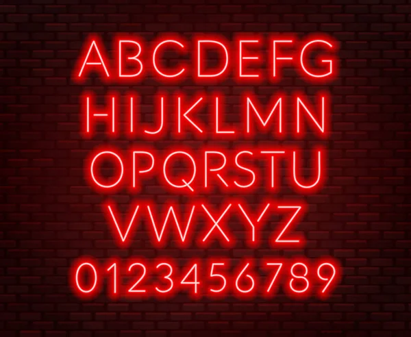 Neonrotes Alphabet Auf Backsteinwand Hintergrund Großbuchstaben Vektorillustration — Stockvektor