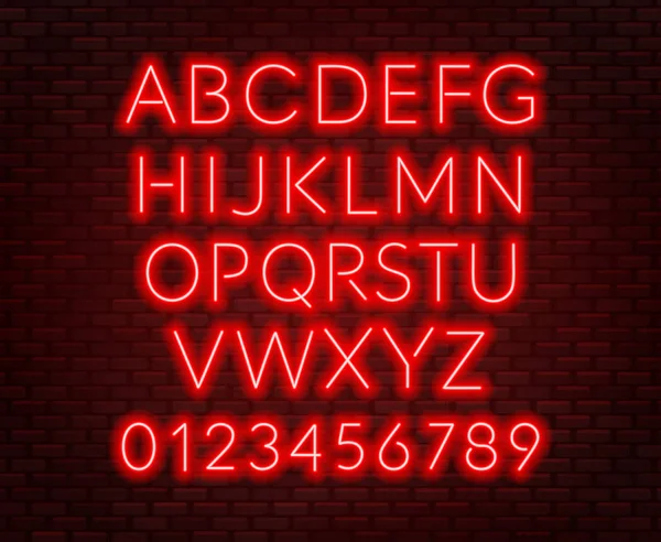 Neon Rood Alfabet Bakstenen Muur Achtergrond Hoofdletter Vectorillustratie — Stockvector