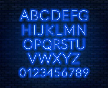 Tuğla duvar zemin üzerine mavi neon alfabe. Büyük harf. Vektör çizim.