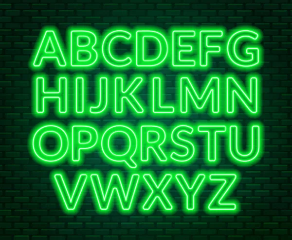 Alfabeto Verde Neón Sobre Fondo Pared Ladrillo Mayúscula Ilustración Vectorial — Vector de stock