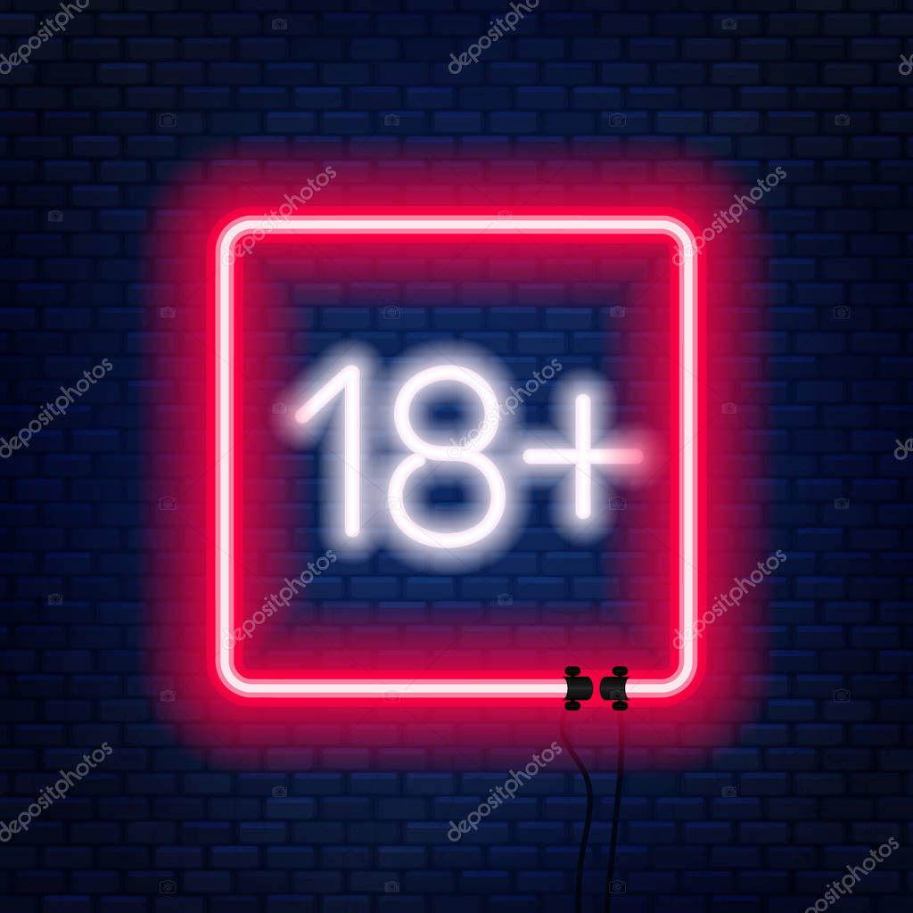 Eighteen plus neon sign on brick wall background. Sign of age limit. Vector illustration