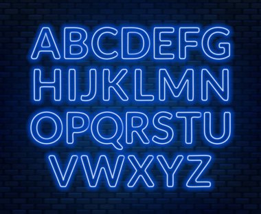 Tuğla duvar zemin üzerine Neon Pembe alfabe. Büyük harf. Vektör çizim.