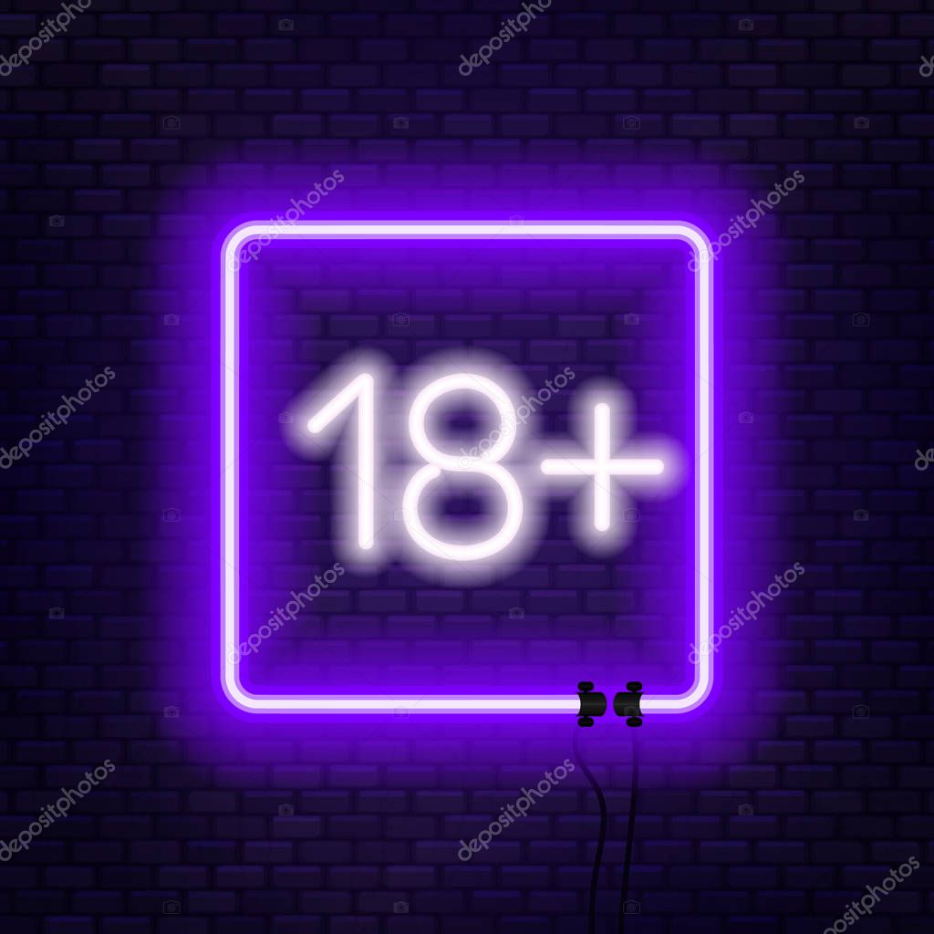 Eighteen plus neon sign on brick wall background. Sign of age limit. Vector illustration