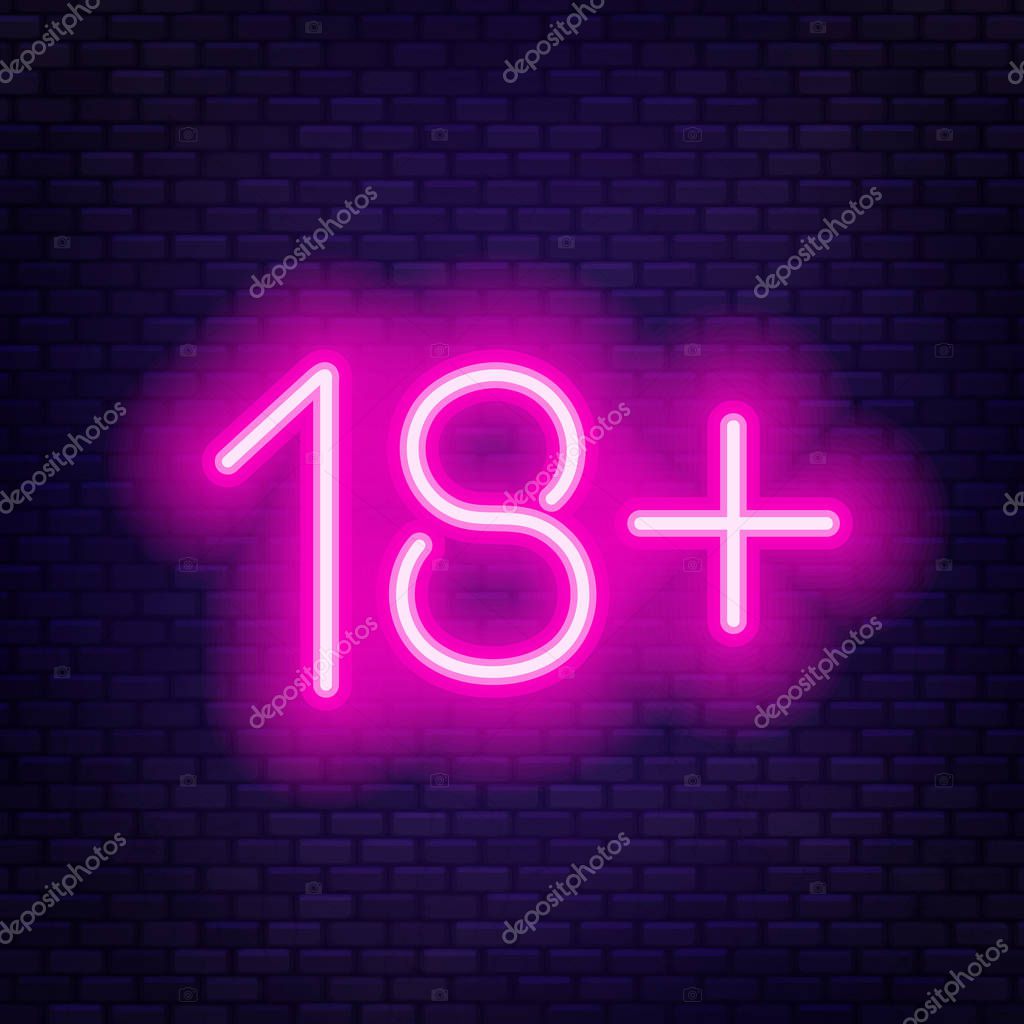 Eighteen plus neon sign on brick wall background. Sign of age limit. Vector illustration