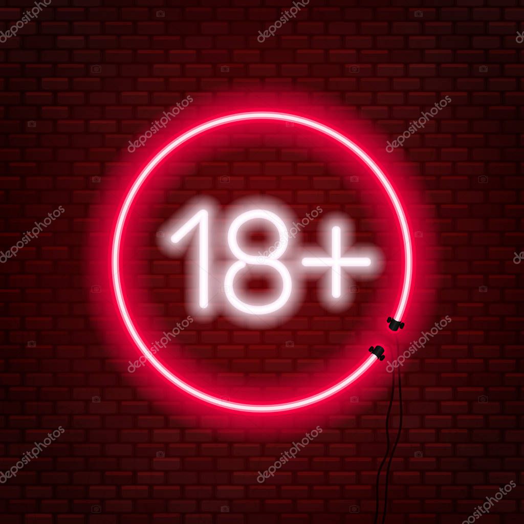 Eighteen plus neon sign on brick wall background. Sign of age limit. Vector illustration