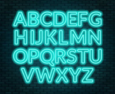 Tuğla duvar zemin üzerine mavi neon alfabe. Büyük harf. Vektör çizim.