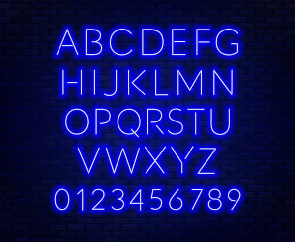 Neon Blauw Alfabet Bakstenen Muur Achtergrond Hoofdletter Vectorillustratie — Stockvector