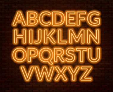 Tuğla duvar zemin üzerine Neon sarı alfabe. Büyük harf.