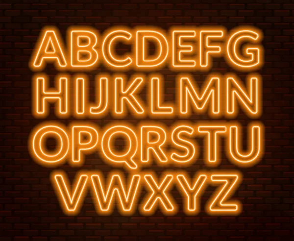 Neongelbes Alphabet auf Ziegelwand-Hintergrund. Großbuchstaben. — Stockvektor