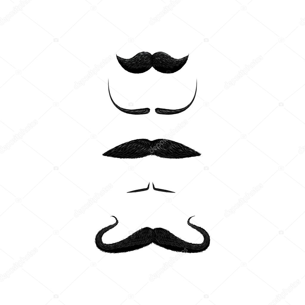 Set of different styles of mustache isolated on white background. Dali, handler, filleted, english, chevron style mustache .