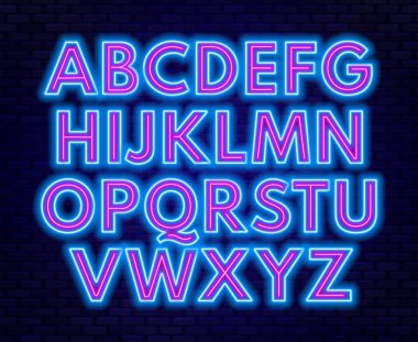 Karanlık bir arka plan üzerinde pembe mavi neon alfabe. Büyük harf.