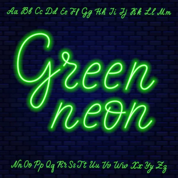 Una sceneggiatura verde al neon. Lettere maiuscole e minuscole . — Vettoriale Stock