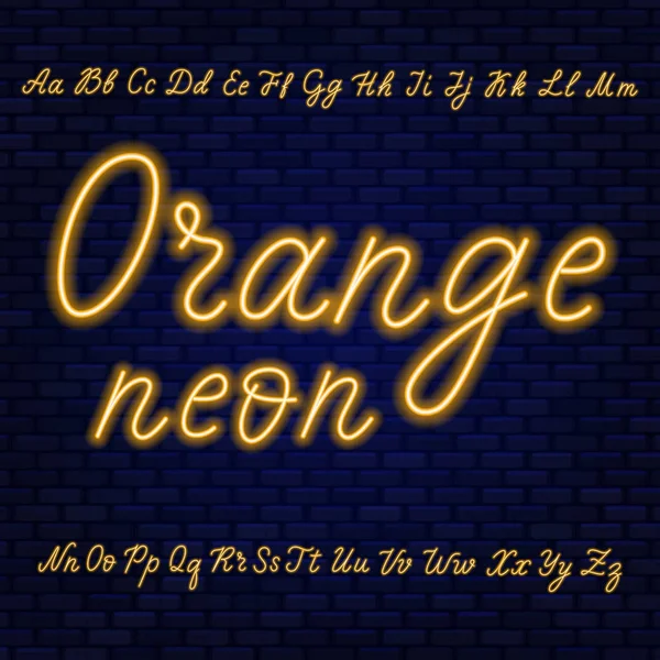 Guión de neón naranja. Letras mayúsculas y minúsculas . — Vector de stock